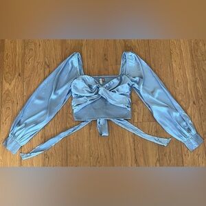 Urban Outfitters UO Medium Maya Smocked Tie Back Top Blue Satin Long Sleeve Crop